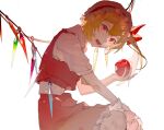  1girl \||/ apple blonde_hair crystal flandre_scarlet food fruit hat head_tilt holding holding_food holding_fruit knees looking_at_viewer lower_teeth_only mob_cap open_mouth pointy_ears red_apple red_eyes short_sleeves sidelighting simple_background sitting skirt solo teeth touhou user_jkcd8583 vest white_background wings 