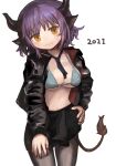  1girl 2021 animal_ears arknights bikini black_horns black_jacket black_skirt blue_bikini blue_necktie breasts brown_tail buchi0122 cleavage closed_mouth commentary cow_ears cow_girl cow_horns cow_tail cowboy_shot fingernails grey_pantyhose hand_on_own_hip hand_on_own_thigh highres horns jacket light_blush long_sleeves medium_hair midriff miniskirt necktie open_clothes open_jacket orange_eyes pantyhose pleated_skirt purple_hair red_jacket sideroca_(arknights) simple_background skirt solo sweatdrop swimsuit tail two-sided_fabric two-sided_jacket white_background 
