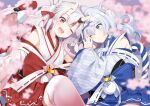  2girls :3 :d blue_eyes blurry blurry_foreground blush cherry_blossoms grey_hair highres hololive horns indie_virtual_youtuber kagura_nana long_hair long_sleeves looking_at_another looking_at_viewer multicolored_hair multiple_girls nakiri_ayame nejime nontraditional_miko official_alternate_costume one_eye_closed oni_horns pink_thighhighs red_eyes red_hair rope shimenawa skin-covered_horns smile streaked_hair thighhighs virtual_youtuber yagasuri 