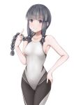  1girl alternate_costume black_hair black_wetsuit blunt_bangs bodysuit braid breasts collarbone grey_eyes hair_over_shoulder hair_ribbon hand_on_own_hip highres kantai_collection kitakami_(kancolle) koru_pera long_hair multicolored_clothes playing_with_own_hair ribbon sidelocks simple_background single_braid small_breasts smile solo tress_ribbon wetsuit white_background white_wetsuit 