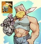  1boy abs adventure_time aged_up animal_ears aqua_tank_top bara beard blonde_hair cropped_shirt denim facial_hair fake_animal_ears finn_the_human jeans large_pectorals looking_to_the_side male_focus mature_male mechanical_arms muscular muscular_male navel navel_hair over_shoulder pants pectoral_cleavage pectorals raised_eyebrows reference_inset scar scar_on_arm sidepec single_mechanical_arm solo stomach sword sword_over_shoulder vlady_(vladyzim) weapon weapon_over_shoulder 
