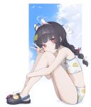  1girl absurdres animal_ear_headphones animal_ears bikini black_hair blue_archive blue_sky braid bright_pupils closed_mouth cloud commentary_request crocs fake_animal_ears flat_chest gmi_(jimmyovob) grey_halo halo headphones highres knees_up leaf leaf_on_head leaf_print legs long_hair looking_at_viewer miyu_(blue_archive) miyu_(swimsuit)_(blue_archive) official_alternate_costume print_bikini red_eyes sitting sky solo swimsuit thighs twin_braids twintails twitter_username v white_pupils 