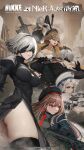  1boy 2b_(nier:automata) 5girls 9s_(nier:automata) a2_(nier:automata) anis_(nikke) black_blindfold black_dress black_headwear black_jacket blindfold blush breasts brown_hair cleavage cleavage_cutout clothing_cutout crossover dress feather-trimmed_sleeves glasses gloves goddess_of_victory:_nikke green_eyes grey_hair gun hair_ornament hat highres holding holding_gun holding_weapon huge_breasts ishikawa_yui jacket long_hair long_sleeves mole mole_under_mouth multiple_girls neon_(nikke) nier:automata nier_(series) official_art open_mouth rapi_(nikke) red_eyes shirt short_hair thick_thighs thighhighs thighs two-sided_dress two-sided_fabric voice_actor_connection weapon white_hair white_headwear white_shirt yellow_eyes 