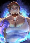  1boy absurdres bags_under_eyes bara blue_fire boogeyman_(housamo) brown_hair closed_mouth colored_skin commentary_request facial_hair fire goatee hand_up high_ponytail highres holding holding_rope kageru_(mofnyan) large_hands large_pectorals long_hair long_sideburns looking_down male_focus mature_male multicolored_hair muscular muscular_male pectorals purple_skin red_eyes rope scar scar_on_face sideburns sideburns_stubble signature solo tank_top tokyo_afterschool_summoners two-tone_hair upper_body white_tank_top 