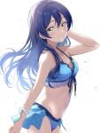  1girl bikini blue_hair borgbutler breasts cleavage cowboy_shot front-tie_bikini_top front-tie_top highres long_hair love_live! love_live!_school_idol_project parted_lips polka_dot polka_dot_bikini simple_background small_breasts smile solo sonoda_umi standing swept_bangs swimsuit white_background yellow_eyes 