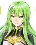  1girl blunt_bangs breasts cleavage_cutout close-up clothing_cutout commentary_request green_eyes green_hair highres hizamaru_(tenka_hyakken) long_hair onasu_(sawagani) one-hour_drawing_challenge sketch smile solo teeth tenka_hyakken upper_body white_background yellow_trim 