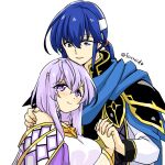  1boy 1girl bare_shoulders blue_hair brother_and_sister cape circlet dress fire_emblem fire_emblem:_genealogy_of_the_holy_war hand_on_another&#039;s_shoulder headband holding_hands julia_(fire_emblem) long_hair open_mouth ponytail purple_eyes purple_hair seliph_(fire_emblem) siblings simple_background smile white_headband yukia_(firstaid0) 