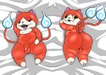  anthro backsack balls bedding bedding_background belly butt dakimakura_design domestic_cat felid feline felis flaccid fupa fur genitals hi_res jibanyan male mammal navel nekoniart pawpads penis perineum red_body red_fur short_stack slightly_chubby solo yo-kai_watch 