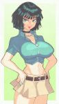  1girl :d belt black_choker black_hair breasts choker cowboy_shot cropped_shirt dark_green_hair fubuki_(one-punch_man) green_eyes green_nails hands_on_own_hips highres inkerton-kun jewelry large_breasts looking_at_viewer midriff multicolored_hair nail_polish navel necklace one-punch_man pearl_necklace skirt smile solo standing yellow_skirt zipper_pull_tab 