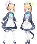  2girls :d absurdres animal_ear_headphones animal_ears apron black_dress black_footwear blonde_hair blue_archive blue_bow blue_bowtie blunt_bangs blush boots bow bowtie cat_ear_headphones cat_ears cat_girl cat_tail closed_mouth collared_dress commentary dress expressionless fake_animal_ears frilled_apron frilled_dress frills full_body gogoco green_eyes hair_bow halo headphones highres long_sleeves looking_at_viewer low_ponytail maid maid_headdress midori_(blue_archive) midori_(maid)_(blue_archive) momoi_(blue_archive) momoi_(maid)_(blue_archive) multiple_girls official_alternate_costume open_mouth pantyhose ponytail puffy_long_sleeves puffy_sleeves purple_bow purple_eyes shoes short_hair short_ponytail siblings sidelocks simple_background sisters smile standing tail tamagotchi twins v-shaped_eyebrows waist_apron white_apron white_background white_pantyhose 
