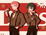  2boys aqua_eyes brown_shirt buttons chocolate closed_mouth collared_shirt commentary_request cowboy_shot ensemble_stars! food green_hair hair_between_eyes hand_in_pocket heterochromia highres holding holding_chocolate holding_food itsuki_shu kagehira_mika long_sleeves male_focus multiple_boys necktie pink_hair purple_hair shirt short_hair suspenders tongue tongue_out valkyrie_(ensemble_stars!) wednesday_108 yellow_eyes 