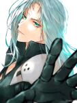  1boy 3wa_tari armor black_coat black_gloves blue_eyes blurry chest_strap coat depth_of_field final_fantasy final_fantasy_vii gloves grey_hair high_collar light_smile long_hair male_focus open_clothes open_coat pauldrons reaching reaching_towards_viewer sephiroth shoulder_armor simple_background slit_pupils smile solo white_background 