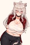  1girl ahoge arms_under_breasts black_nails black_pants blush breasts closed_mouth collar cowboy_shot ear_piercing glasses grey_eyes grey_hair hair_between_eyes highres hololive jacket large_breasts lion_tail long_hair looking_at_viewer open_clothes open_jacket pants piercing red_jacket shirt shishiro_botan short_sleeves simple_background smile solo spiked_collar spikes tail varniskarnis virtual_youtuber white_background white_shirt 