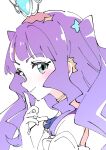  1girl aqua_eyes blush breasts cleavage commentary_request cure_majesty ellee-chan gloves hirogaru_sky!_precure ixy looking_at_viewer magical_girl precure purple_hair simple_background smile solo upper_body white_background white_gloves 