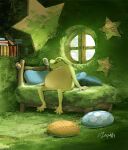  bed book fantasy frog hachiya_shohei highres indoors moss no_humans nose_bubble original pillow scenery sleeping sleeping_upright star_(symbol) window 