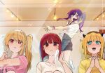  4girls :3 alternate_universe arima_kana black_shorts blonde_hair blue_eyes blush bob_cut bracelet breasts collarbone commentary_request demon_horns fang floating_hair funi_mu9 grey_shirt horns hoshino_ai_(oshi_no_ko) hoshino_ruby indoors inverted_bob jewelry long_hair medium_breasts medium_hair memcho mismatched_pupils mother_and_daughter multiple_girls no_pupils open_mouth oshi_no_ko own_hands_clasped own_hands_together pink_eyes pink_shirt pointing pointing_at_self purple_eyes purple_hair red_eyes red_hair shirt short_hair short_sleeves shorts side_ponytail sidelocks smile standing standing_on_one_leg star-shaped_pupils star_(symbol) sweat symbol-shaped_pupils teeth towel upper_teeth_only white_shirt wiping_sweat yellow_shirt 