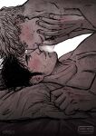  2boys bad_id bad_tumblr_id bara beard_stubble black_hair blonde_hair chest_hair couple cris_art eye_contact from_side hand_on_another&#039;s_cheek hand_on_another&#039;s_face hulkling imminent_kiss intertwined_hair long_sideburns looking_at_another lying male_focus marvel multiple_boys mustache_stubble noses_touching nude on_back on_bed pectorals short_hair sideburns spot_color sweat thick_eyebrows upper_body very_sweaty wiccan yaoi 
