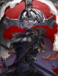  absurdres ahoge armor black_armor blonde_hair breasts cross fate/grand_order fate_(series) fur_trim gauntlets headgear highres holding holding_sword holding_weapon jeanne_d&#039;arc_alter_(avenger)_(fate) jeanne_d&#039;arc_alter_(fate) koma_(86355254) looking_at_viewer shaded_face sword upper_body weapon yellow_eyes 
