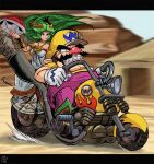  1boy 1girl facial_hair forehead_jewel gloves green_hair jewelry kid_icarus letterboxed mario_(series) mario_kart motor_vehicle motorcycle mustache overalls palutena pendant red_shell_(mario) smoke stoic_seraphim super_smash_bros. teeth turtle_shell wario white_gloves yellow_headwear 