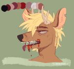  anthro antlers artist_name blonde_hair blood blood_from_mouth blood_in_mouth blue_background bodily_fluids bucklucky colored_sketch deer hair horn male mammal narrowed_eyes orange_body red_tongue simple_background sketch solo tan_antlers teeth tongue tongue_out 