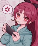  1girl anger_vein blue_jacket bow cellphone circle collarbone food food_in_mouth hair_bow highres holding holding_phone jacket keropiki long_hair looking_at_viewer looking_up mahou_shoujo_madoka_magica phone playing_games pocky pocky_in_mouth ponytail red_eyes red_hair sakura_kyoko smartphone spoken_anger_vein 