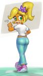  2023 absurd_res accessory activision angry anthro bandicoot blonde_hair butt coco_bandicoot crash_bandicoot_(series) female flower flower_in_hair fur green_eyes hair hair_accessory hi_res mammal mario-grant marsupial orange_body orange_fur plant ponytail solo walking 