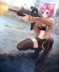  1girl absurdres animal_ears beretta_cx4 black_thighhighs blue_eyes boots cardigan cat_ears cat_girl cat_tail commission crop_top enpera_(jdud8375) firing gun highres holding holding_gun holding_weapon lens_flare muzzle_flash navel open_cardigan open_clothes original outdoors pink_hair shell_casing short_hair short_shorts shorts skindentation solo squatting tail thighhighs weapon 
