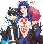  2boys anger_vein animal_ears arm_around_waist arm_tattoo black_gloves black_hair black_shirt blue_eyes blue_gloves blue_hair blush cape cat_ears chest_tattoo commentary cu_chulainn_(fate) cu_chulainn_alter_(fate) elbow_gloves english_commentary fangs fate/grand_order fate_(series) fujimaru_ritsuka_(male) gloves high_collar highres long_hair male_focus multiple_boys nipples open_mouth red_eyes ribs seum_(kao_husband) sharp_teeth shirt speech_bubble spoken_anger_vein stomach_tattoo tattoo teeth tight_clothes v white_background white_cape 