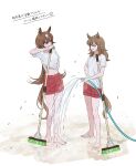  2girls alternate_costume animal_ears barefoot broom brown_hair ear_ornament grey_hair gym_shirt gym_shorts gym_uniform hair_between_eyes hand_on_own_hip highres holding horse_ears horse_girl horse_tail hose long_hair multicolored_hair multiple_girls nakayama_festa_(umamusume) navel okeo_(groozuu) pink_eyes red_eyes red_shorts shirt short_shorts short_sleeves shorts sirius_symboli_(umamusume) streaked_hair tail tied_shirt translation_request two-tone_hair umamusume very_long_hair water wet white_background white_hair white_shirt 