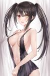  1girl :d asle asymmetrical_hair black_hair cowboy_shot curtains date_a_live heterochromia highres lace_trim lingerie long_hair looking_at_viewer navel no_bra plunging_neckline red_eyes sidelocks smile solo stomach tokisaki_kurumi twintails underwear yellow_eyes 