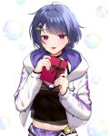  1girl black_choker blue_hair camisole choker gift hair_ornament hairclip highres holding holding_gift hood hooded_jacket jacket koshimizu_toru long_sleeves looking_at_viewer mole mole_under_eye nijisanji open_mouth panties purple_eyes purple_nails short_hair smile solo tila_276 triangle_hair_ornament underwear virtual_youtuber white_jacket yellow_panties 