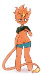  anthro areola bandai_namco blush bottomwear bottomwear_pull breasts clothed clothing clothing_lift clothing_pull coronamon digimon digimon_(species) eyelashes felid female fire flaming flaming_tail fur genitals green_eyes hair hi_res lion long_tail looking_at_viewer mammal moorshum navel nipples orange_body orange_fur pantherine pants pants_pull paws presenting presenting_breasts presenting_pussy pussy shirt shirt_lift shorts simple_background smile solo standing t-shirt tail topwear wavy_hair white_background 