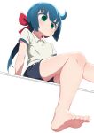  1girl bare_legs barefoot blue_hair blue_shorts bow collared_shirt constanze_amalie_von_braunschbank-albrechtsberger domdom feet foot_out_of_frame green_eyes gym_shirt gym_shorts gym_uniform hair_bow invisible_chair knees_together_feet_apart legs little_witch_academia ponytail red_bow shirt shorts sitting soles solo toes white_shirt 