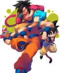  black_hair blue_eyes blue_sash body_fur closed_mouth dougi dragon_ball dragon_ball_gt dragon_ball_super male_focus monkey_boy monkey_tail multiple_boys multiple_persona muscular ommmyoh pants red_fur saiyan sash son_goku spiked_hair super_saiyan super_saiyan_4 super_saiyan_blue super_saiyan_god tail teeth yellow_pants 