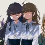  2girls black_hair black_ribbon blue_skirt brown_hair ccnaov closed_eyes closed_mouth collared_shirt facing_viewer jewelry light_bulb long_hair long_sleeves multiple_girls neck_ribbon necklace original plant pleated_skirt ribbon school_uniform shirt skirt standing white_shirt 