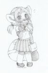  2017 ailurid anthro asian_clothing biped black_and_white blush blush_lines bodily_fluids bottomwear breasts chibi clothed clothing east_asian_clothing eyebrows eyewear female footwear front_view full-length_portrait glasses hair hi_res japanese_clothing japanese_school_uniform malachyte mammal markings monochrome open_mouth panicking pigtails portrait red_panda ring_(marking) ringtail school_uniform serafuku shirt short_hair simple_background sketch skirt small_breasts socks solo standing sweat sweatdrop tail tail_markings teeth tongue topwear uniform white_background 