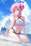  1girl 1yu_x absurdres alternate_costume alternate_hairstyle angel_wings blue_archive breasts cleavage cloud cloudy_sky commentary halo highres looking_at_viewer medium_hair mika_(blue_archive) navel pink_hair sky solo stomach swimsuit underboob white_wings wings yellow_eyes 