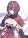  +_+ 1girl black_bra black_gloves bob_cut bra breasts broken_horn brown_hair capelet cleavage commentary_request demon_girl demon_horns dress elbow_gloves eriko_(princess_connect!) fur-trimmed_capelet fur_trim gauntlets gloves highres horns inverted_bob large_breasts looking_at_viewer princess_connect! purple_eyes red_capelet red_dress ribucci simple_background smile solo spiked_tail tail underwear white_background 
