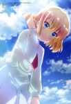  1girl absurdres blonde_hair blue_eyes blue_sky closed_mouth cloud day dress from_below hand_in_own_hair highres long_sleeves looking_at_viewer megami_magazine mia_luna_tearmoon necktie official_art outdoors red_necktie scan short_hair sky smile solo tearmoon_teikoku_monogatari white_dress 