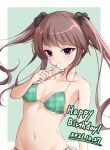  1girl 2021 arm_at_side bikini black_ribbon blunt_bangs blush border breasts breasts_apart brown_hair closed_mouth collarbone commentary_request curvy dated_commentary eyelashes finger_to_mouth floating_hair green_background green_bikini hair_ribbon halterneck hand_up happy_birthday hapymaher highres hirasaka_keiko index_finger_raised long_hair looking_at_viewer medium_breasts midriff navel ncontrail_(mgax7527) plaid plaid_bikini purple_eyes ribbon sidelocks simple_background smile solo stomach swimsuit tsurime twintails upper_body white_border 