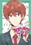  1boy banjou_azusa blue_eyes brown_hair flower holding holding_flower koisuru_(otome)_no_tsukurikata light_smile male_focus midou_kenshirou necktie pink_flower suit 