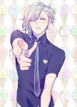  1boy aqua_eyes aqua_hair asymmetrical_hair black_shirt blue_necktie collared_shirt finger_gun food food-themed_background grin hair_between_eyes heart heart_print highres ice_cream ice_cream_cone looking_at_viewer male_focus medium_hair meromizawa mikaze_ai necktie one_eye_closed pointing pointing_at_viewer see-through see-through_necktie shirt short_ponytail short_sleeves smile solo upper_body uta_no_prince-sama white_background 