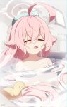  1girl ahoge artist_name bathroom bathtub blue_archive closed_eyes halo highres hoshino_(blue_archive) liyom long_hair partially_submerged pink_hair rubber_duck towel towel_on_head water wet 
