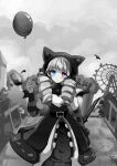  1girl animal_ears balloon belt blue_eyes blush bush cloud dress drill_hair fake_animal_ears feet_out_of_frame ferris_wheel gwen_(league_of_legends) hand_up hat heart highres holding holding_balloon kureko0w0 league_of_legends long_sleeves looking_at_viewer outdoors pantyhose red_eyes smile solo soul_fighter_gwen spot_color twin_drills twintails 