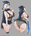  1girl areola_slip ashe_(league_of_legends) ass black_skirt blue_eyes blush bob_(bobtheneet) breasts cape cleavage curvy from_behind grey_background holding holding_weapon hood hood_up large_breasts league_of_legends multiple_views sideboob simple_background skirt standing sweat weapon white_hair 
