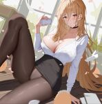  1girl absurdres arm_support azur_lane black_pantyhose black_skirt blonde_hair breasts choker cleavage collarbone cup dutch_angle hair_between_eyes highres holding holding_cup implacable_(azur_lane) large_breasts light_blush long_hair long_sleeves looking_at_viewer ningri_(lianyungangwyz) panties panties_under_pantyhose pantyhose pantyshot parted_lips partially_unbuttoned pencil_skirt pouring pouring_onto_self red_eyes shirt_tucked_in sitting skindentation skirt solo teacher underwear 