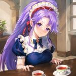  1girl cup fire_emblem fire_emblem:_genealogy_of_the_holy_war fire_emblem_heroes highres jurge long_hair looking_at_viewer maid maid_headdress official_alternate_costume plant ponytail potted_plant purple_eyes purple_hair smile table tailtiu_(fire_emblem) tailtiu_(tea_party)_(fire_emblem) tea teacup 