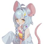  1girl absurdres ahoge animal_ears banana_hair_ornament braid buck_teeth commentary ellu food-themed_hair_ornament grey_hair hair_ornament hairclip highres hikimayu jacket jewelry long_hair mouse_ears mouse_girl mouse_tail necklace open_clothes open_jacket open_mouth original simple_background sleeves_past_wrists solo symbol-only_commentary tail teeth twin_braids white_background white_jacket yellow_eyes 