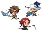  3boys bandana barefoot boots chibi commentary_request fish green_jacket holding holding_hoe holding_pole holding_weapon jacket japanese_clothes jinkichi multiple_boys nihongou_(touken_ranbu) otegine pole ponytail potato shirt sleeveless sleeveless_shirt tears tonbokiri_(touken_ranbu) touken_ranbu weapon wheelbarrow white_background white_shirt 