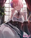  1girl bow breasts brown_ribbon cleavage curtains detached_sleeves dress estantelay flower frilled_dress frilled_sleeves frills hair_ornament hair_over_one_eye hair_ribbon highres indoors long_sleeves looking_at_viewer maid maid_headdress medium_breasts neck_ribbon pink_eyes pink_hair pink_ribbon purple_ribbon ram_(re:zero) re:zero_kara_hajimeru_isekai_seikatsu red_eyes ribbon ribbon_trim roswaal_mansion_maid_uniform short_hair sitting skirt solo thighs window x_hair_ornament 